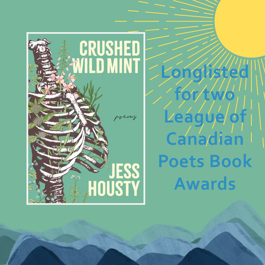 Crushed Wild Mint book cover on mint green background. Text on the right: Longlisted for two League of Canadian Poets Book Awards