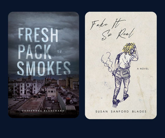The book covers for Fresh Pack of Smokes and Fake it So Real are shown on a navy blue background. Fresh Pack of Smokes has a grey sky with a city scene and Fake It So Real has a sketch of a  person walking away on a tan background.